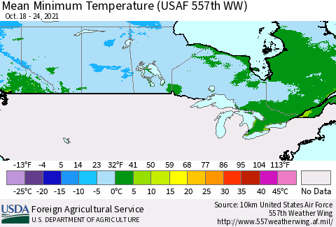 Canada Mean Minimum Temperature (USAF 557th WW) Thematic Map For 10/18/2021 - 10/24/2021