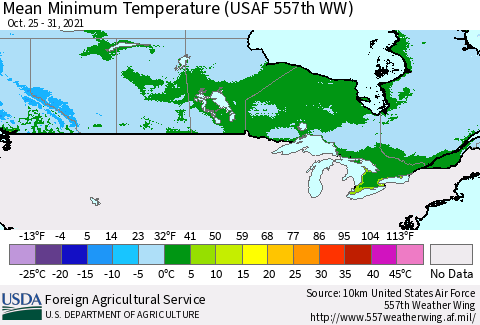 Canada Mean Minimum Temperature (USAF 557th WW) Thematic Map For 10/25/2021 - 10/31/2021