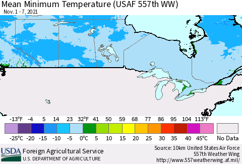 Canada Mean Minimum Temperature (USAF 557th WW) Thematic Map For 11/1/2021 - 11/7/2021