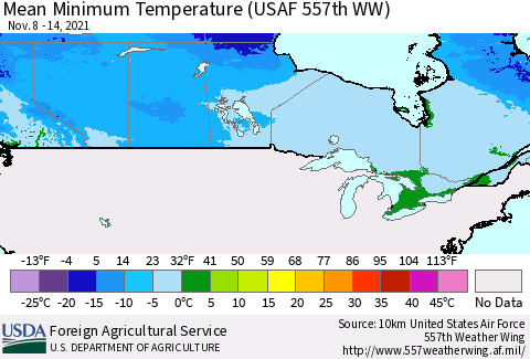 Canada Mean Minimum Temperature (USAF 557th WW) Thematic Map For 11/8/2021 - 11/14/2021