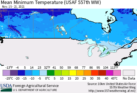 Canada Mean Minimum Temperature (USAF 557th WW) Thematic Map For 11/15/2021 - 11/21/2021