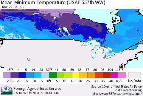 Canada Mean Minimum Temperature (USAF 557th WW) Thematic Map For 11/22/2021 - 11/28/2021