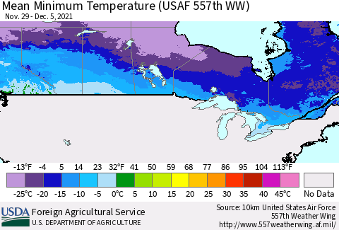 Canada Mean Minimum Temperature (USAF 557th WW) Thematic Map For 11/29/2021 - 12/5/2021