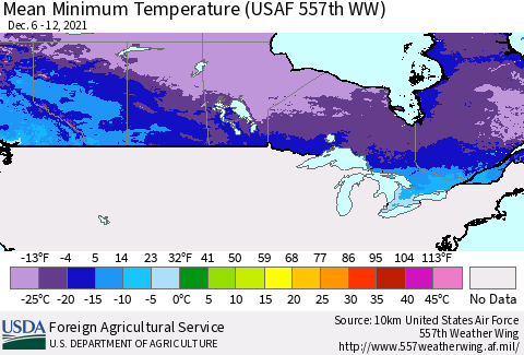 Canada Mean Minimum Temperature (USAF 557th WW) Thematic Map For 12/6/2021 - 12/12/2021