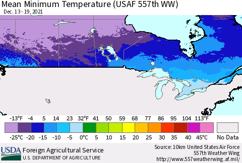 Canada Mean Minimum Temperature (USAF 557th WW) Thematic Map For 12/13/2021 - 12/19/2021
