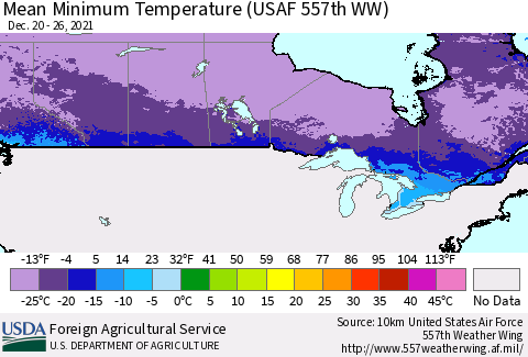 Canada Mean Minimum Temperature (USAF 557th WW) Thematic Map For 12/20/2021 - 12/26/2021