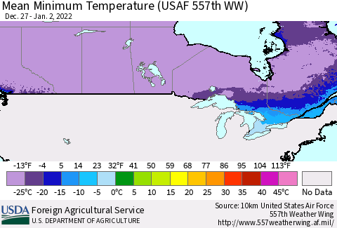 Canada Mean Minimum Temperature (USAF 557th WW) Thematic Map For 12/27/2021 - 1/2/2022