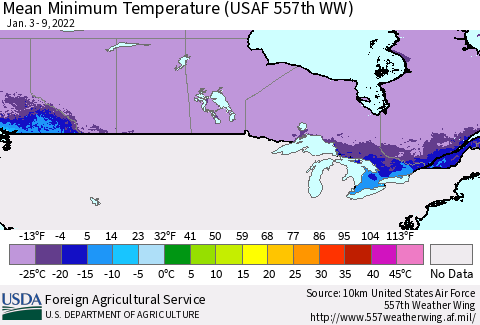 Canada Mean Minimum Temperature (USAF 557th WW) Thematic Map For 1/3/2022 - 1/9/2022