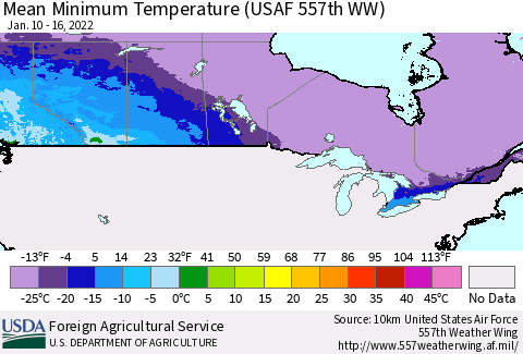 Canada Mean Minimum Temperature (USAF 557th WW) Thematic Map For 1/10/2022 - 1/16/2022