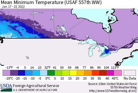 Canada Mean Minimum Temperature (USAF 557th WW) Thematic Map For 1/17/2022 - 1/23/2022