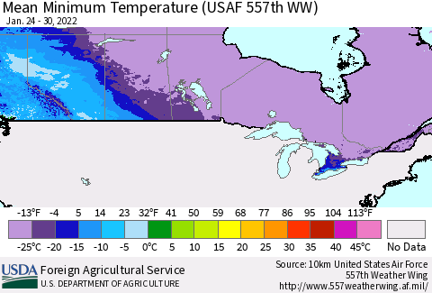 Canada Mean Minimum Temperature (USAF 557th WW) Thematic Map For 1/24/2022 - 1/30/2022