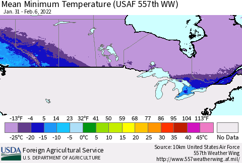 Canada Mean Minimum Temperature (USAF 557th WW) Thematic Map For 1/31/2022 - 2/6/2022