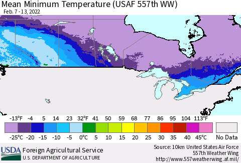 Canada Mean Minimum Temperature (USAF 557th WW) Thematic Map For 2/7/2022 - 2/13/2022