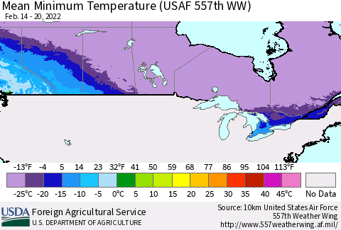 Canada Mean Minimum Temperature (USAF 557th WW) Thematic Map For 2/14/2022 - 2/20/2022