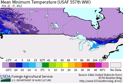 Canada Mean Minimum Temperature (USAF 557th WW) Thematic Map For 2/21/2022 - 2/27/2022