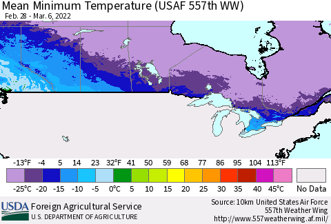 Canada Mean Minimum Temperature (USAF 557th WW) Thematic Map For 2/28/2022 - 3/6/2022