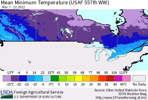 Canada Mean Minimum Temperature (USAF 557th WW) Thematic Map For 3/7/2022 - 3/13/2022