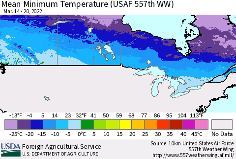 Canada Mean Minimum Temperature (USAF 557th WW) Thematic Map For 3/14/2022 - 3/20/2022