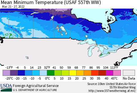 Canada Mean Minimum Temperature (USAF 557th WW) Thematic Map For 3/21/2022 - 3/27/2022