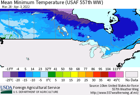 Canada Mean Minimum Temperature (USAF 557th WW) Thematic Map For 3/28/2022 - 4/3/2022