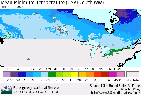 Canada Mean Minimum Temperature (USAF 557th WW) Thematic Map For 4/4/2022 - 4/10/2022