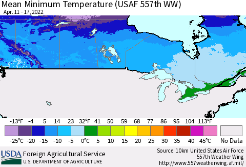 Canada Mean Minimum Temperature (USAF 557th WW) Thematic Map For 4/11/2022 - 4/17/2022