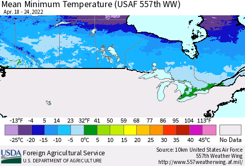 Canada Mean Minimum Temperature (USAF 557th WW) Thematic Map For 4/18/2022 - 4/24/2022