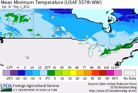 Canada Mean Minimum Temperature (USAF 557th WW) Thematic Map For 4/25/2022 - 5/1/2022
