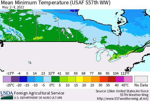 Canada Mean Minimum Temperature (USAF 557th WW) Thematic Map For 5/2/2022 - 5/8/2022