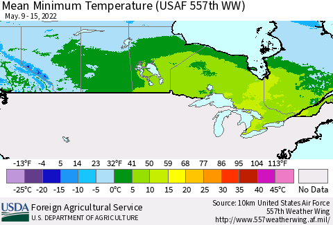 Canada Mean Minimum Temperature (USAF 557th WW) Thematic Map For 5/9/2022 - 5/15/2022