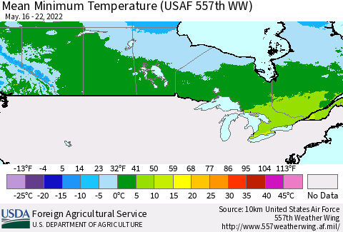 Canada Mean Minimum Temperature (USAF 557th WW) Thematic Map For 5/16/2022 - 5/22/2022
