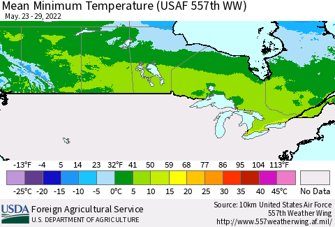 Canada Mean Minimum Temperature (USAF 557th WW) Thematic Map For 5/23/2022 - 5/29/2022