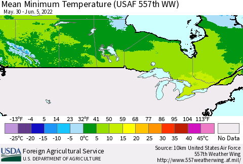 Canada Mean Minimum Temperature (USAF 557th WW) Thematic Map For 5/30/2022 - 6/5/2022