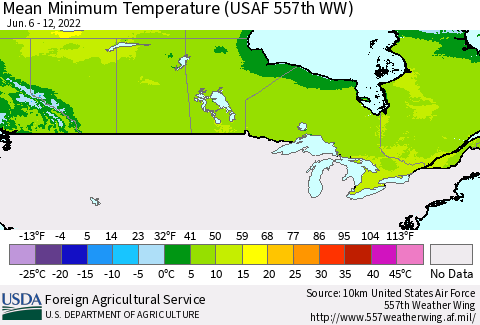 Canada Mean Minimum Temperature (USAF 557th WW) Thematic Map For 6/6/2022 - 6/12/2022