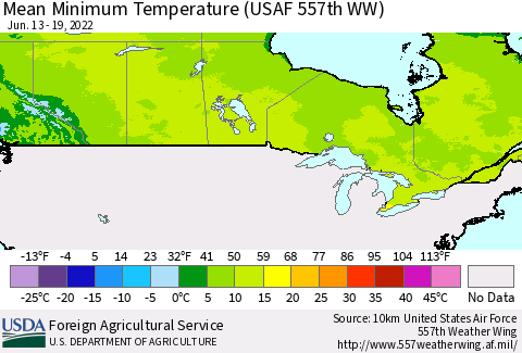 Canada Mean Minimum Temperature (USAF 557th WW) Thematic Map For 6/13/2022 - 6/19/2022
