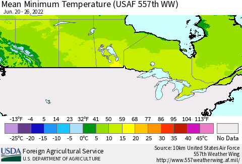 Canada Mean Minimum Temperature (USAF 557th WW) Thematic Map For 6/20/2022 - 6/26/2022