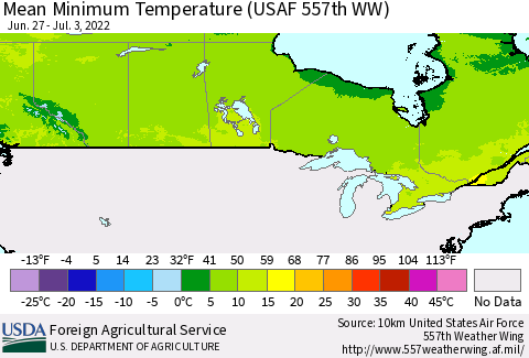 Canada Mean Minimum Temperature (USAF 557th WW) Thematic Map For 6/27/2022 - 7/3/2022