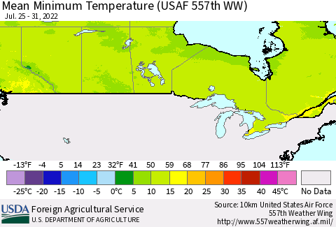 Canada Mean Minimum Temperature (USAF 557th WW) Thematic Map For 7/25/2022 - 7/31/2022