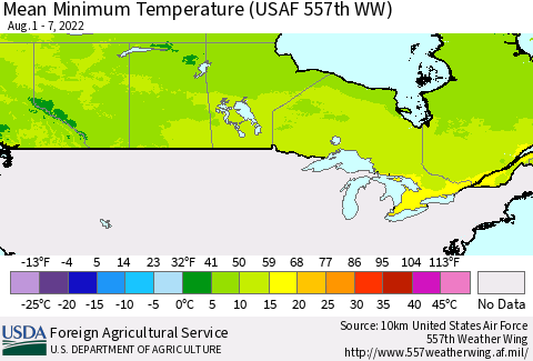 Canada Mean Minimum Temperature (USAF 557th WW) Thematic Map For 8/1/2022 - 8/7/2022