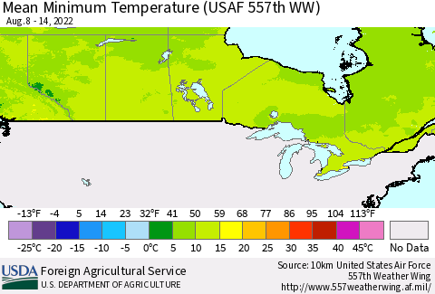 Canada Mean Minimum Temperature (USAF 557th WW) Thematic Map For 8/8/2022 - 8/14/2022