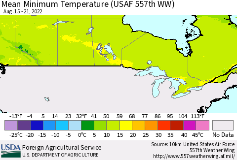 Canada Mean Minimum Temperature (USAF 557th WW) Thematic Map For 8/15/2022 - 8/21/2022