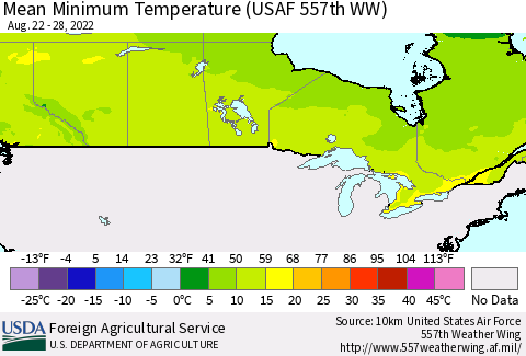 Canada Mean Minimum Temperature (USAF 557th WW) Thematic Map For 8/22/2022 - 8/28/2022