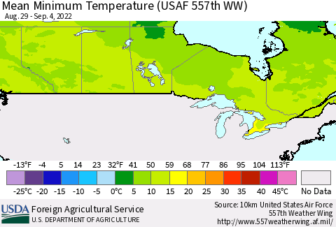 Canada Mean Minimum Temperature (USAF 557th WW) Thematic Map For 8/29/2022 - 9/4/2022