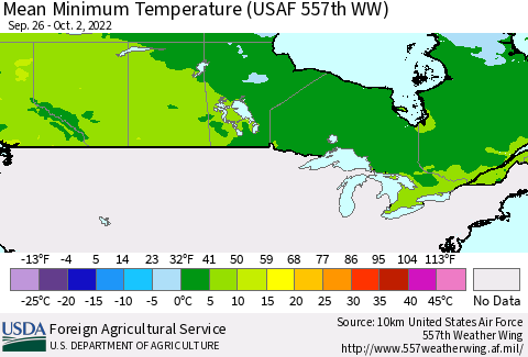 Canada Mean Minimum Temperature (USAF 557th WW) Thematic Map For 9/26/2022 - 10/2/2022
