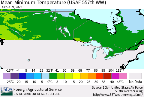Canada Mean Minimum Temperature (USAF 557th WW) Thematic Map For 10/3/2022 - 10/9/2022