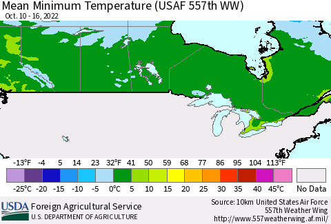 Canada Mean Minimum Temperature (USAF 557th WW) Thematic Map For 10/10/2022 - 10/16/2022