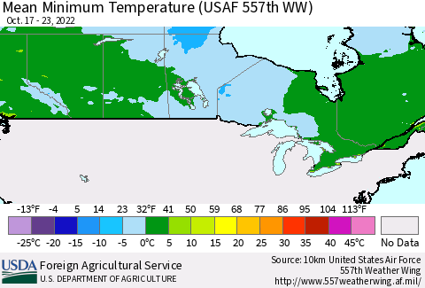 Canada Mean Minimum Temperature (USAF 557th WW) Thematic Map For 10/17/2022 - 10/23/2022