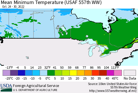 Canada Mean Minimum Temperature (USAF 557th WW) Thematic Map For 10/24/2022 - 10/30/2022