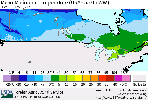 Canada Mean Minimum Temperature (USAF 557th WW) Thematic Map For 10/31/2022 - 11/6/2022