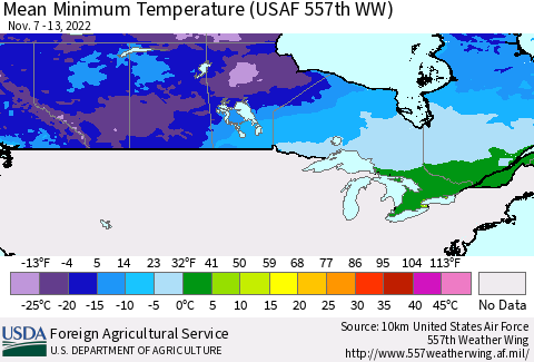 Canada Mean Minimum Temperature (USAF 557th WW) Thematic Map For 11/7/2022 - 11/13/2022